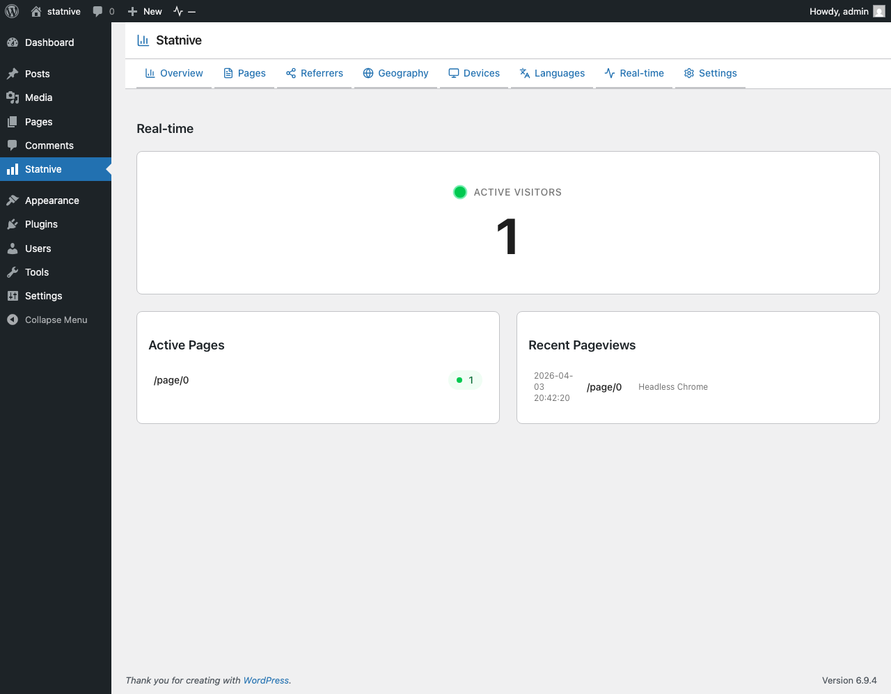 Statnive Real-time — active visitors counter, active pages, recent pageviews